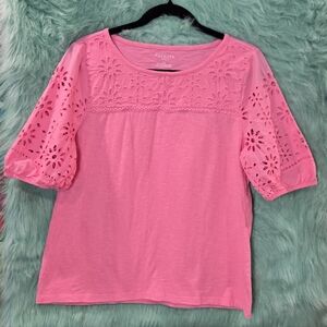 Talbots Pink Short Sleeve Eyelet Embroidered Top Size Lp